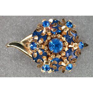 Vintage Gold-Tone Floral Brooch/ Blue Rhinestones/ Leaf Design